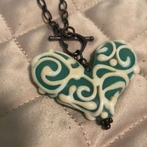 Teal and whit Moreno glass heart necklace